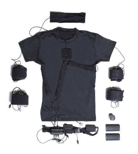 All wearable components of the Shadow motion capture system laid out flat